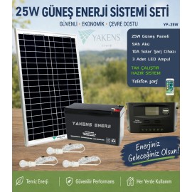 25W Güneş Enerji Sistemi Seti – Telefon Şarjlı Taşınabilir Solar Aydınlatma Paketi | 9Ah Akü + 10A Şarj Kontrol Cihazı + 3 LED Ampul